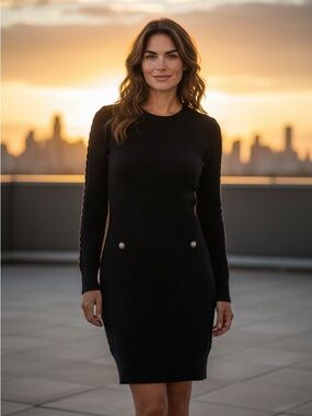 CHANEL Black Long-Sleeve Knit Dress with Gold Buttons